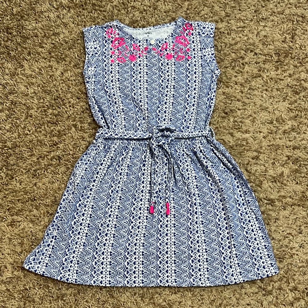 [Carter] Blue & White Little Girl Dress Pink Floral Embroidery Neckline Size 8